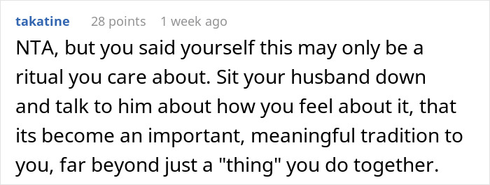User comment discussing family tradition importance and communication with husband.