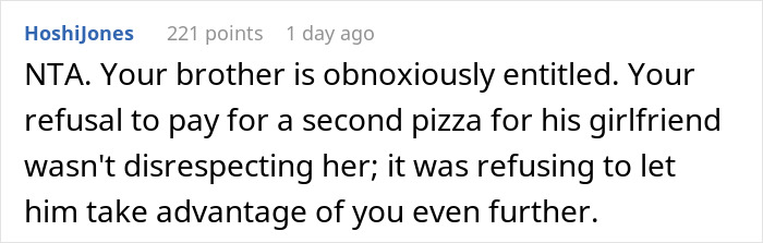Comment discussing a brother's entitled behavior over meal expenses. Comment discussing a brother's entitled behavior over meal expenses.