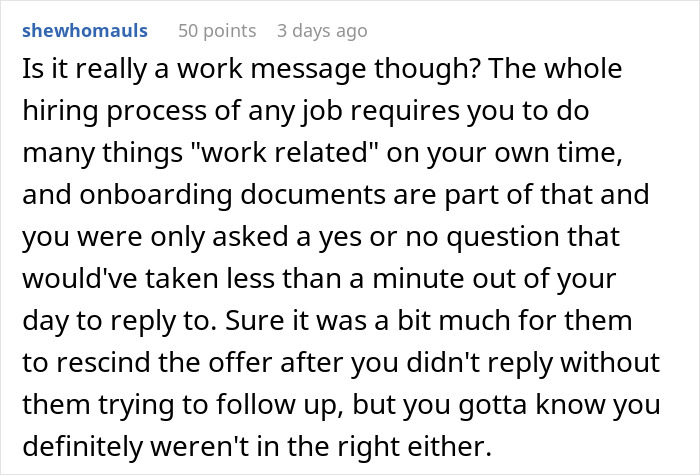 Text conversation discussing hiring process and response times related to the keyword "got fired before starting.