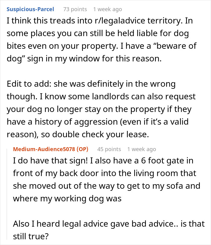 Reddit discussion about a woman refusing to pay $3,000 after her dog bit a trespasser in her home.
