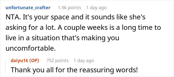 Reddit advice conversation about couple enforcing rules in sister's apartment, with supportive and reassuring comments.