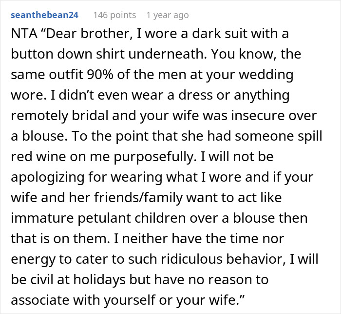 Text message about family conflict over wedding guest attire.