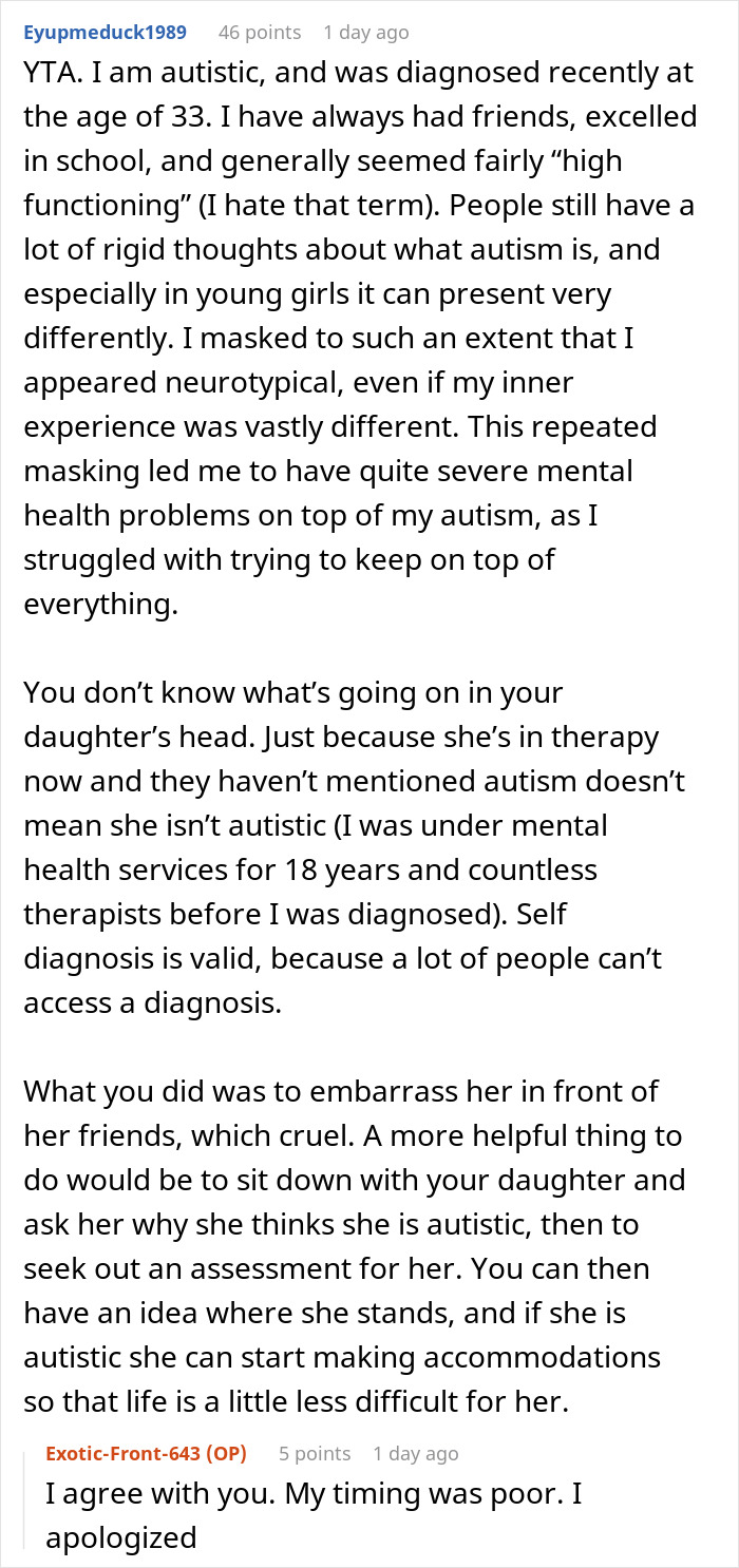 Parent Seeks Advice After Calling Out Daughter In Front Of Her Friends That She Doesn't Have Autism Parent Seeks Advice After Calling Out Daughter In Front Of Her Friends That She Doesn't Have Autism