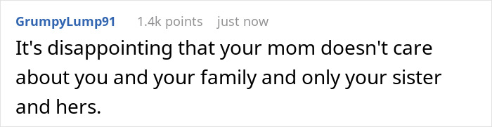 Text comment about favoritism towards sister and her family. Text comment about favoritism towards sister and her family.