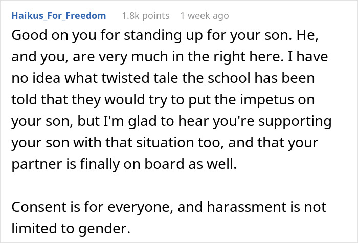 Comment supporting dad's decision about his son's disinterest in a family friend's daughter, emphasizing consent and gender equality.