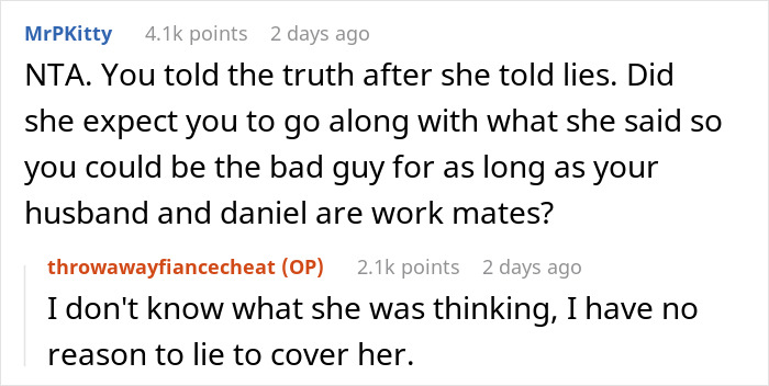 Reddit exchange discussing revealing a mistress's past, with users MrPKitty and throwawayfianceecheat sharing opinions.