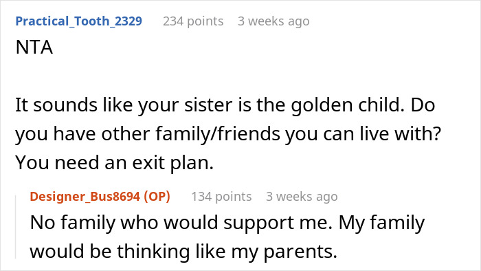 Comments discussing family dynamics and sibling favoritism.