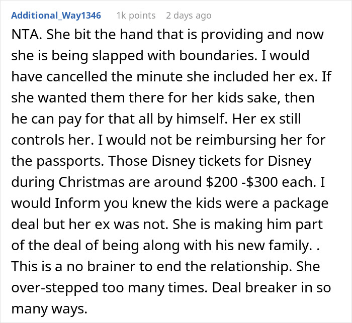 Text discussion about girlfriend expecting boyfriend to pay for Disney trip including her kids and her ex's family.