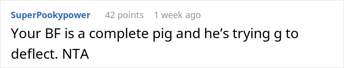 Reddit comment criticizing a boyfriend's behavior after a woman visits his messy room.