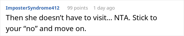 Reddit comment discussing setting boundaries when a couple enforces rules in a sister's apartment.