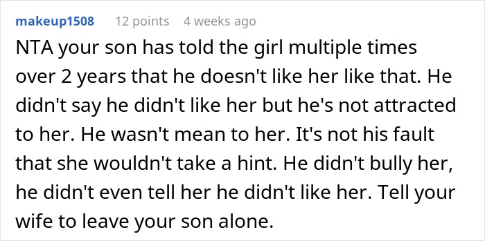 Reddit comment discussing a dad supporting his son, who isn&rsquo;t interested in a family friend's daughter.