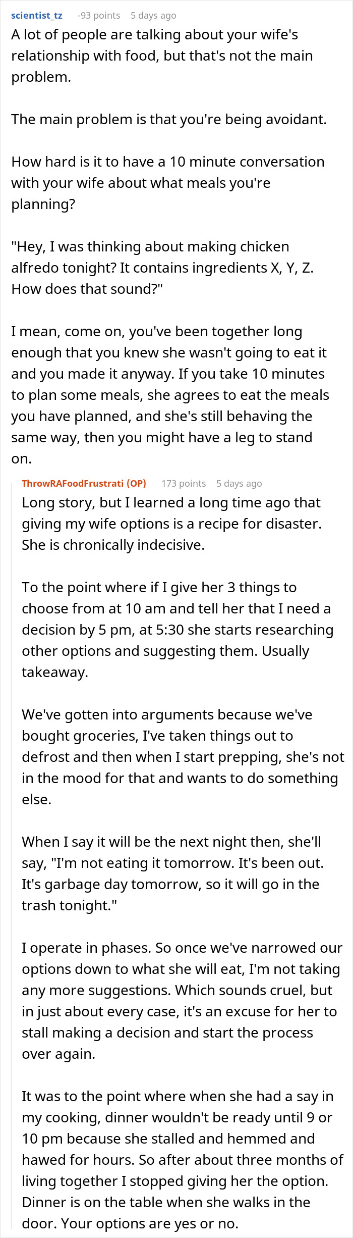 Reddit comments discussing a husband's frustration with wife's indecision on meals and complaints about food. Reddit comments discussing a husband's frustration with wife's indecision on meals and complaints about food.