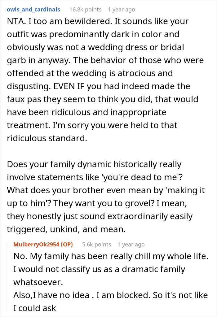 Reddit comments debating over a sister wearing a pantsuit as wedding guest attire.