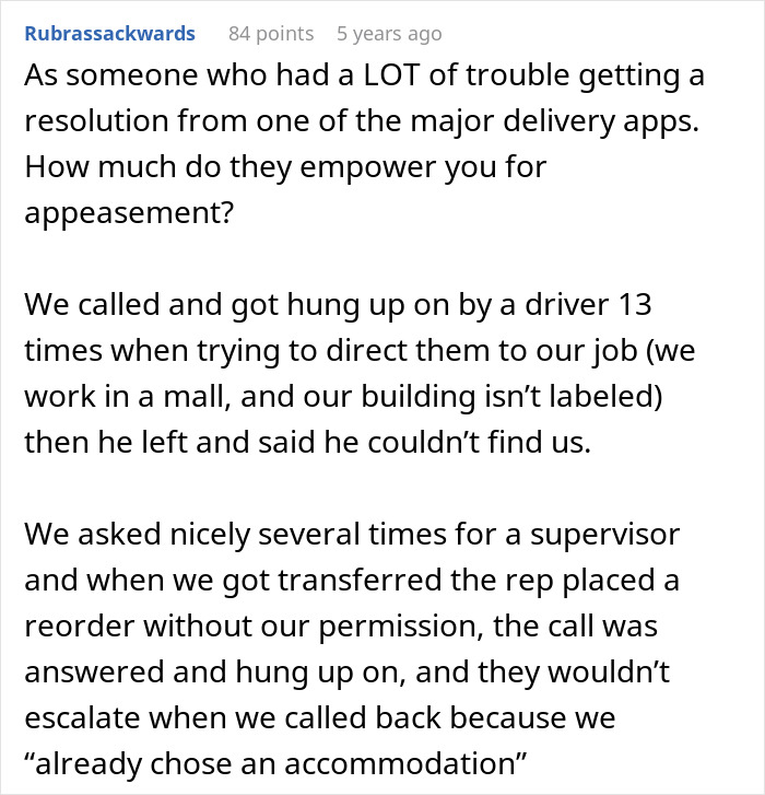 Screenshot of a Reddit post describing issues with a delivery app and unresolved customer service requests.