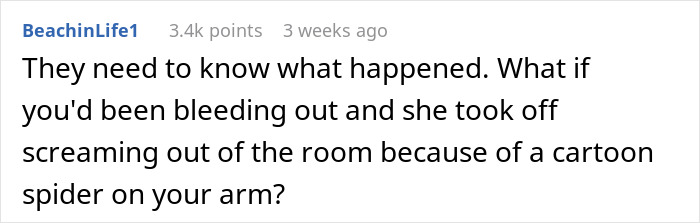 Comment about nurse reacting to spider tattoo, wondering about giving an honest review.