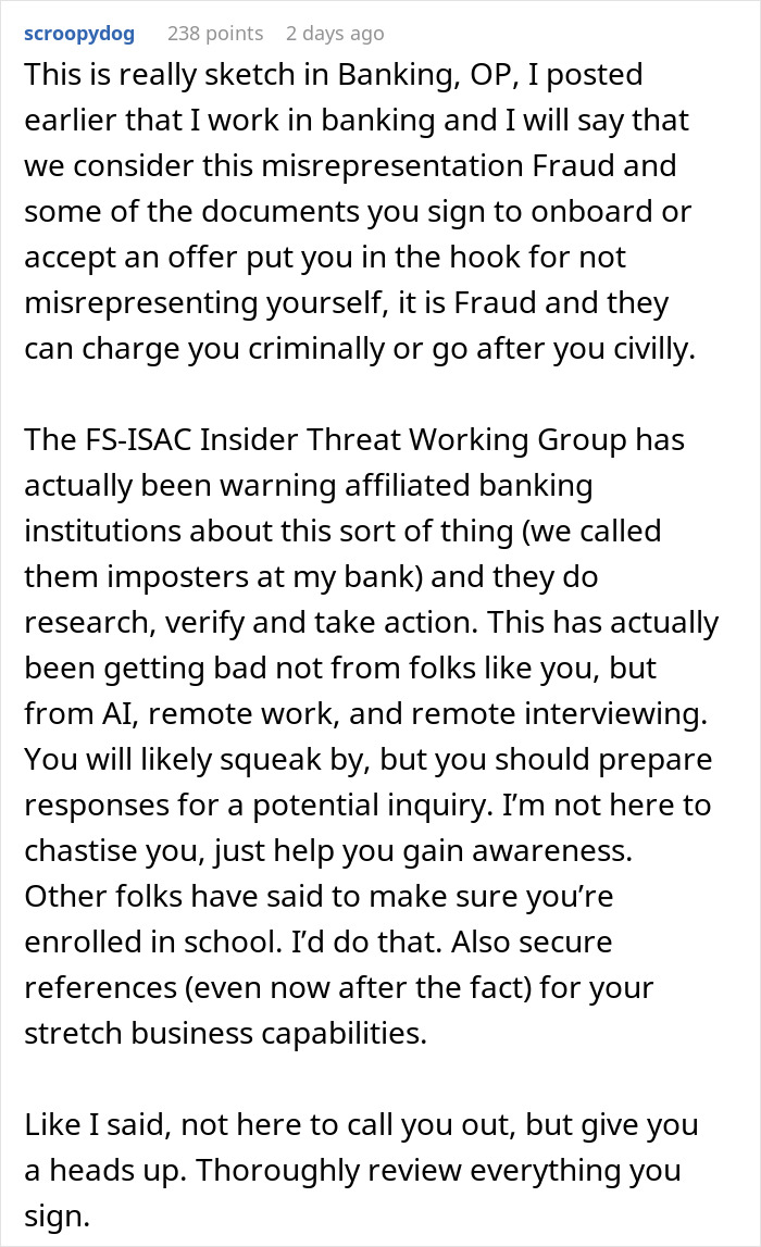 Reddit comment discussing resume fraud in banking and advice on handling potential inquiries.