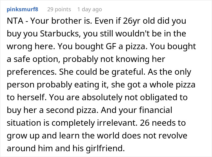 Reddit comment discussing a brother's entitlement over a bill disagreement. Reddit comment discussing a brother's entitlement over a bill disagreement.