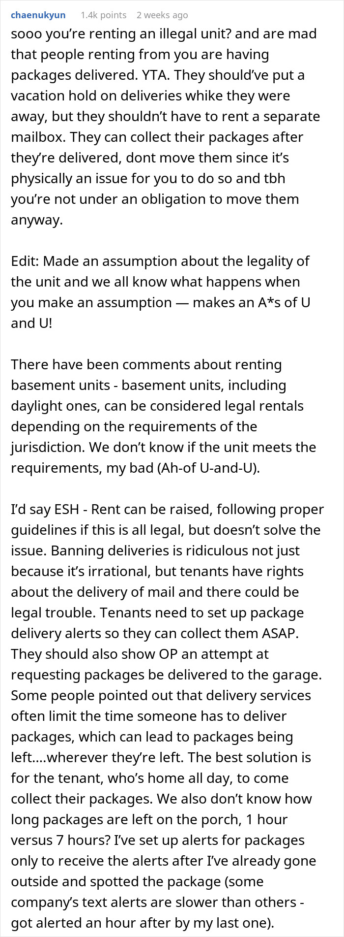 Reddit comment discussing shopaholic tenants causing issues for a landlady renting a basement unit.