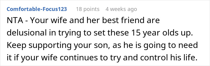 Text from an online comment supporting a dad in a family drama about his son not liking a family friend's daughter.