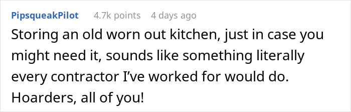 Comment about contractor hoarding habits after condo renovations. Comment about contractor hoarding habits after condo renovations.