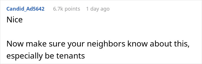Reddit comment about tenants and landlord advice, suggesting sharing information with neighbors.