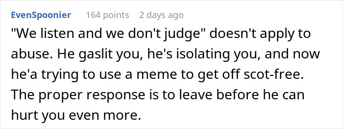 Comment about the TikTok trend "We Listen and We Don't Judge" highlighting relationship advice.