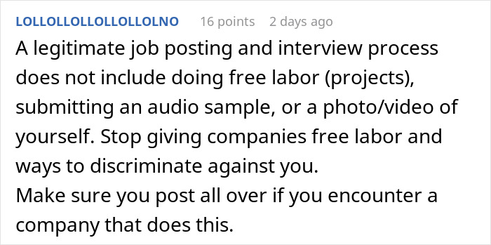 Reddit comment criticizing companies for unethical hiring practices like free labor, related to recruiter ghosting a candidate.
