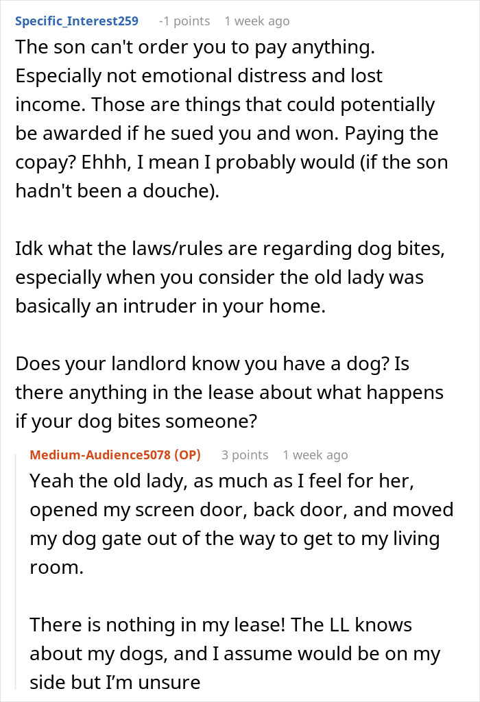 Online forum discussion about dog bite liability and home intrusion.
