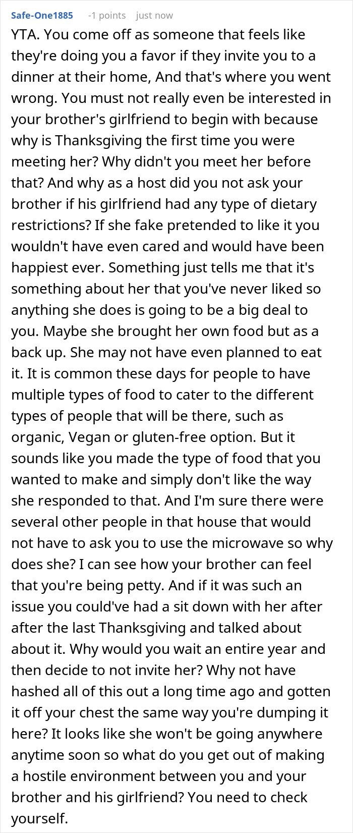 Text criticism about excluding brother's girlfriend from Thanksgiving over perceived rudeness. Text criticism about excluding brother's girlfriend from Thanksgiving over perceived rudeness.
