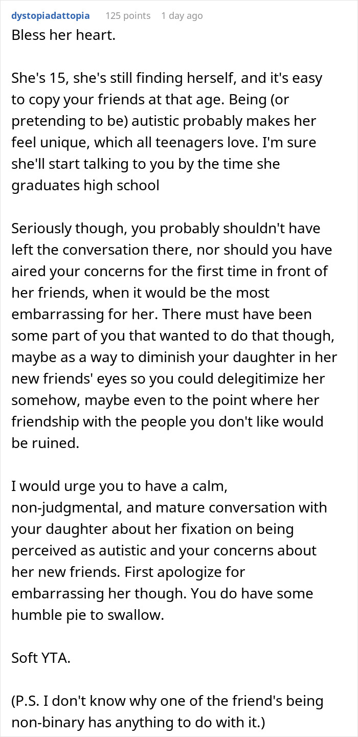 Parent Seeks Advice After Calling Out Daughter In Front Of Her Friends That She Doesn't Have Autism Parent Seeks Advice After Calling Out Daughter In Front Of Her Friends That She Doesn't Have Autism