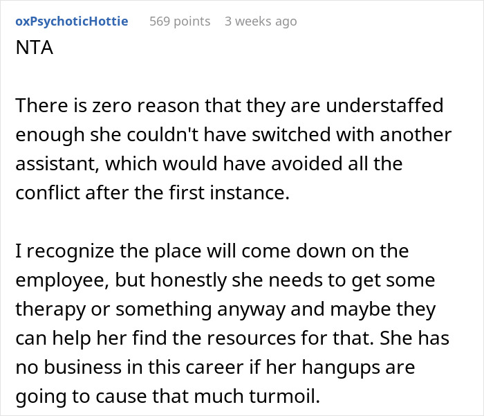 Comment discussing a nurse reacting to a woman&rsquo;s spider tattoo and job expectations.