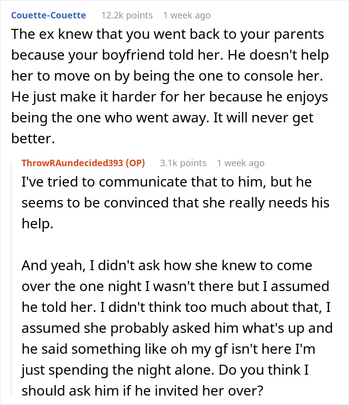 Screenshot of a conversation discussing a boyfriend's involvement with an ex. Screenshot of a conversation discussing a boyfriend's involvement with an ex.