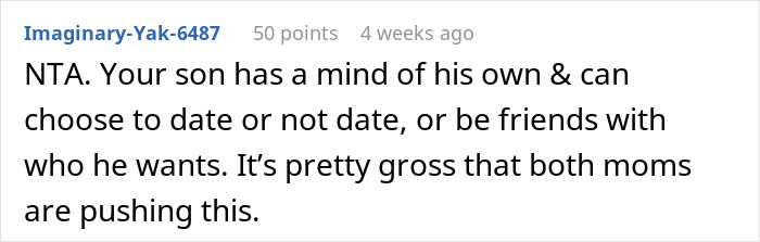 Reddit comment supporting dad's decision for son not being interested in arranged match.