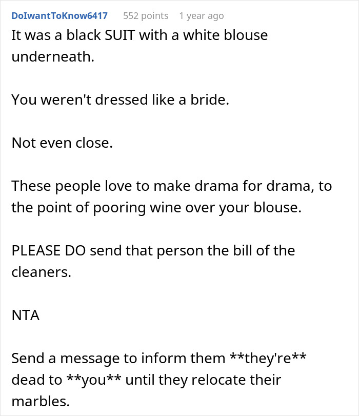 Text exchange discussing drama over pantsuit worn as wedding guest attire.