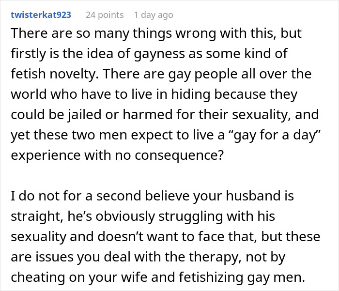 Comment criticizing husband's gaycation request and discussing consequences of fetishizing sexuality.