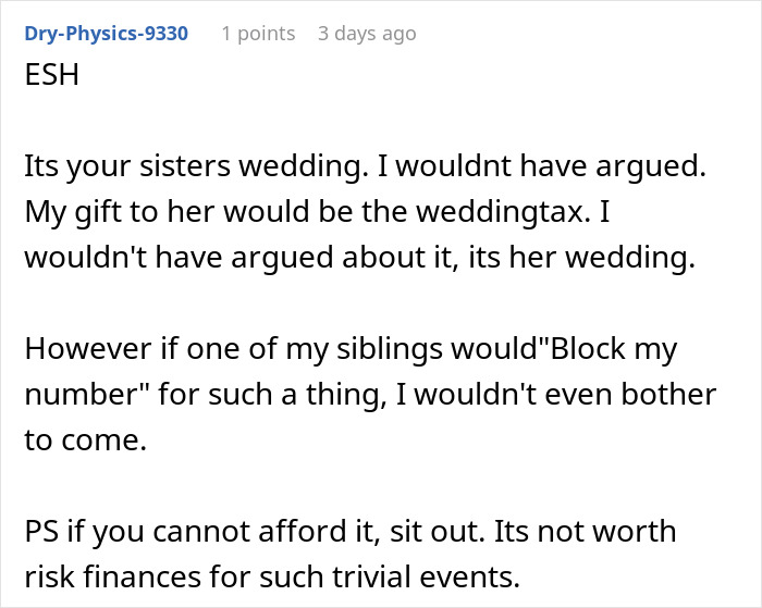 Text discussing a sister's wedding and "wedding tax" suggestion, emphasizing it's not worth financial risk.