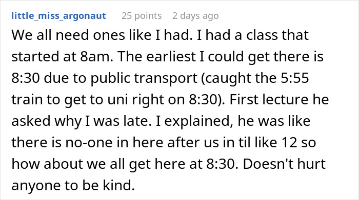 Text thread of a college student describing how a kind professor adjusted class time to accommodate their commute.