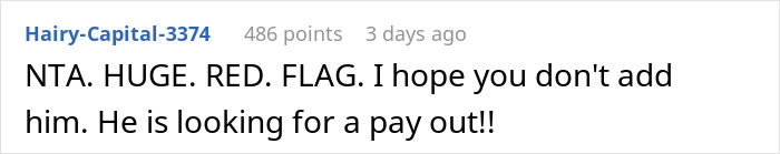 Reddit comment about a woman refusing to share house ownership with fianc&eacute;, warning of a "HUGE RED FLAG" and payout intention.