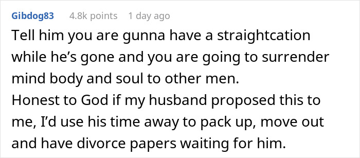 Reddit comment discussing reaction to husband's gaycation proposal.
