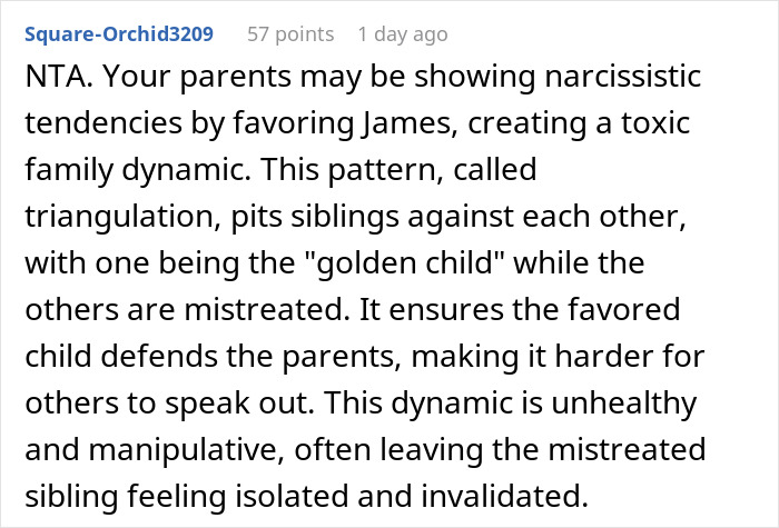 Comment discussing toxic family dynamics and favoritism, leading to a woman canceling family cruise. Comment discussing toxic family dynamics and favoritism, leading to a woman canceling family cruise.