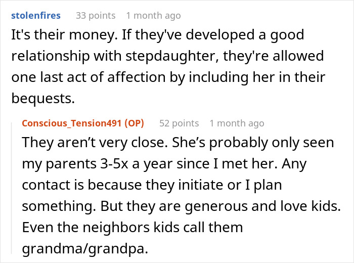 Reddit discussion about a husband's request to exclude stepdaughter from wife's parents' will. Reddit discussion about a husband's request to exclude stepdaughter from wife's parents' will.