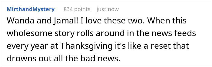 A heartwarming Reddit comment about viral strangers Wanda and Jamal and their Thanksgiving tradition.