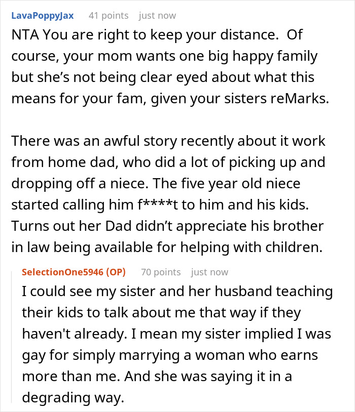 Reddit comments discussing sibling conflict over judgmental remarks affecting babysitting arrangements. Reddit comments discussing sibling conflict over judgmental remarks affecting babysitting arrangements.