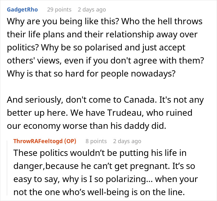 Reddit discussion on life plans and relationships, with users debating polarized views and politics.