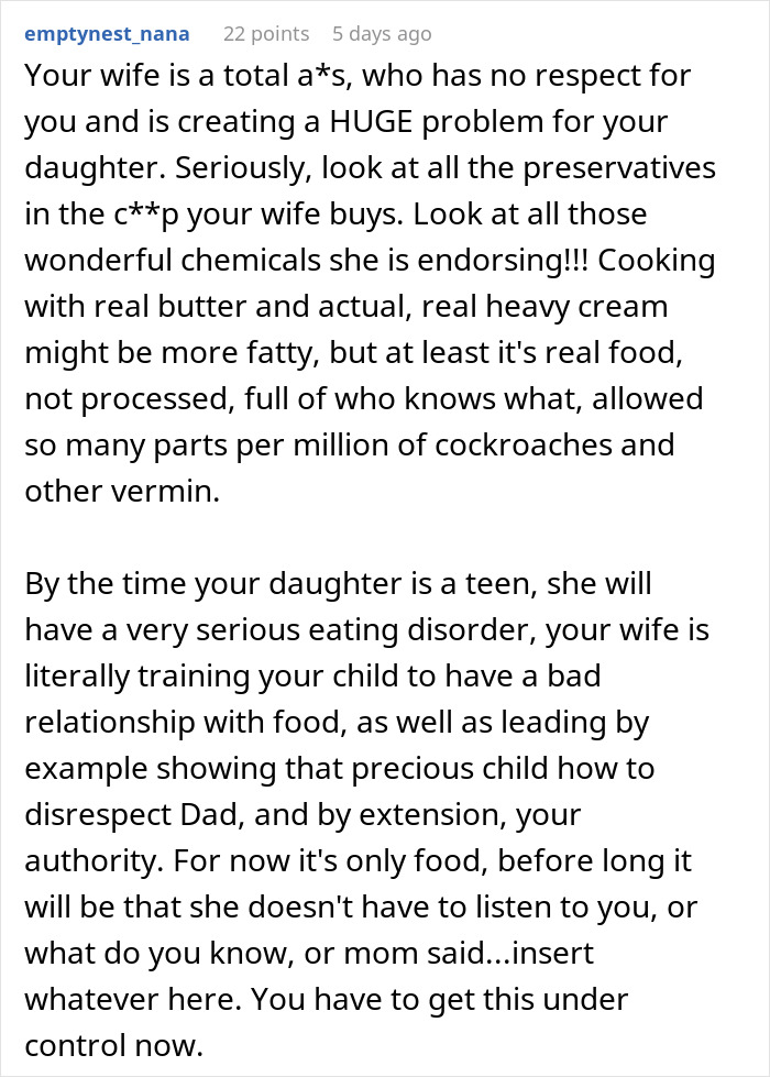 Text critique of wife's unhealthy food choices and its impact on family dynamics. Text critique of wife's unhealthy food choices and its impact on family dynamics.