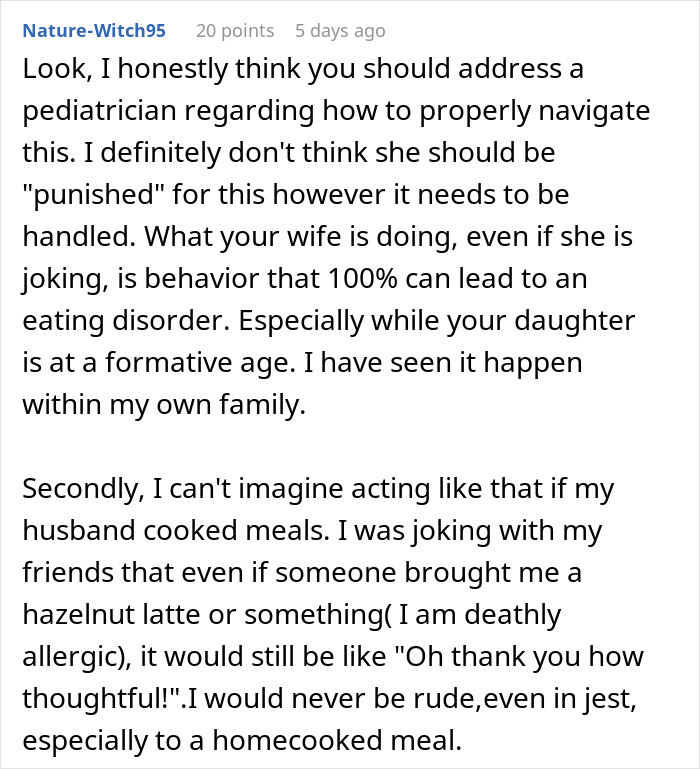 Online comment criticizing a wife's food complaints and warning about potential eating disorder risks. Online comment criticizing a wife's food complaints and warning about potential eating disorder risks.