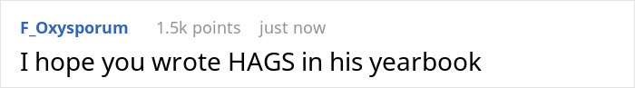 Comment displays "I hope you wrote HAGS in his yearbook," referencing picked-on teen and bully situation.