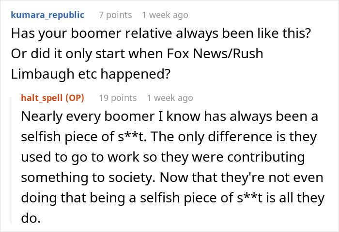 Comment exchange discussing boomers and their views on work and society.
