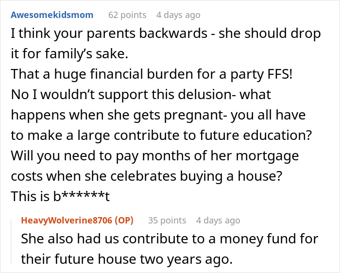 Reddit comments discussing financial burdens and wedding tax leading to disputes.