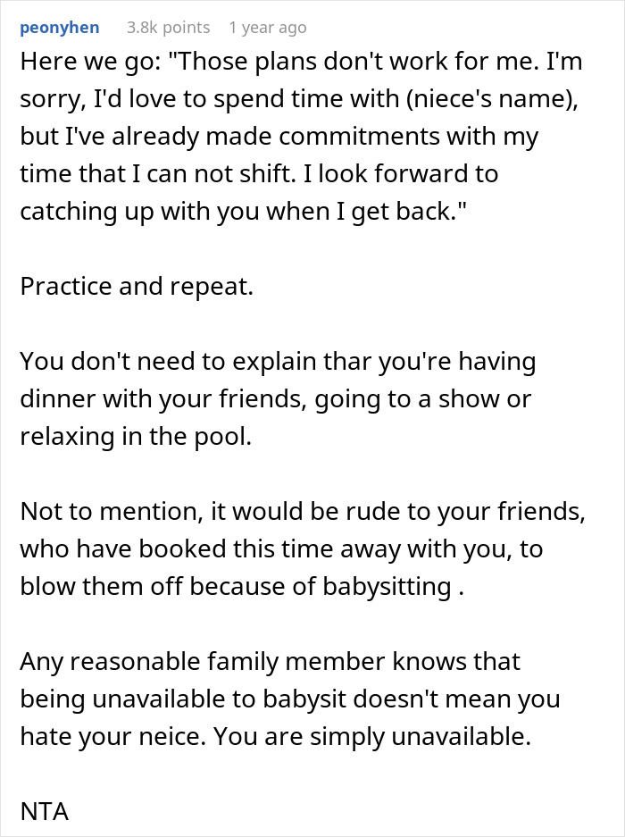 Reddit post discussing vacation plans and family babysitting expectations. Reddit post discussing vacation plans and family babysitting expectations.